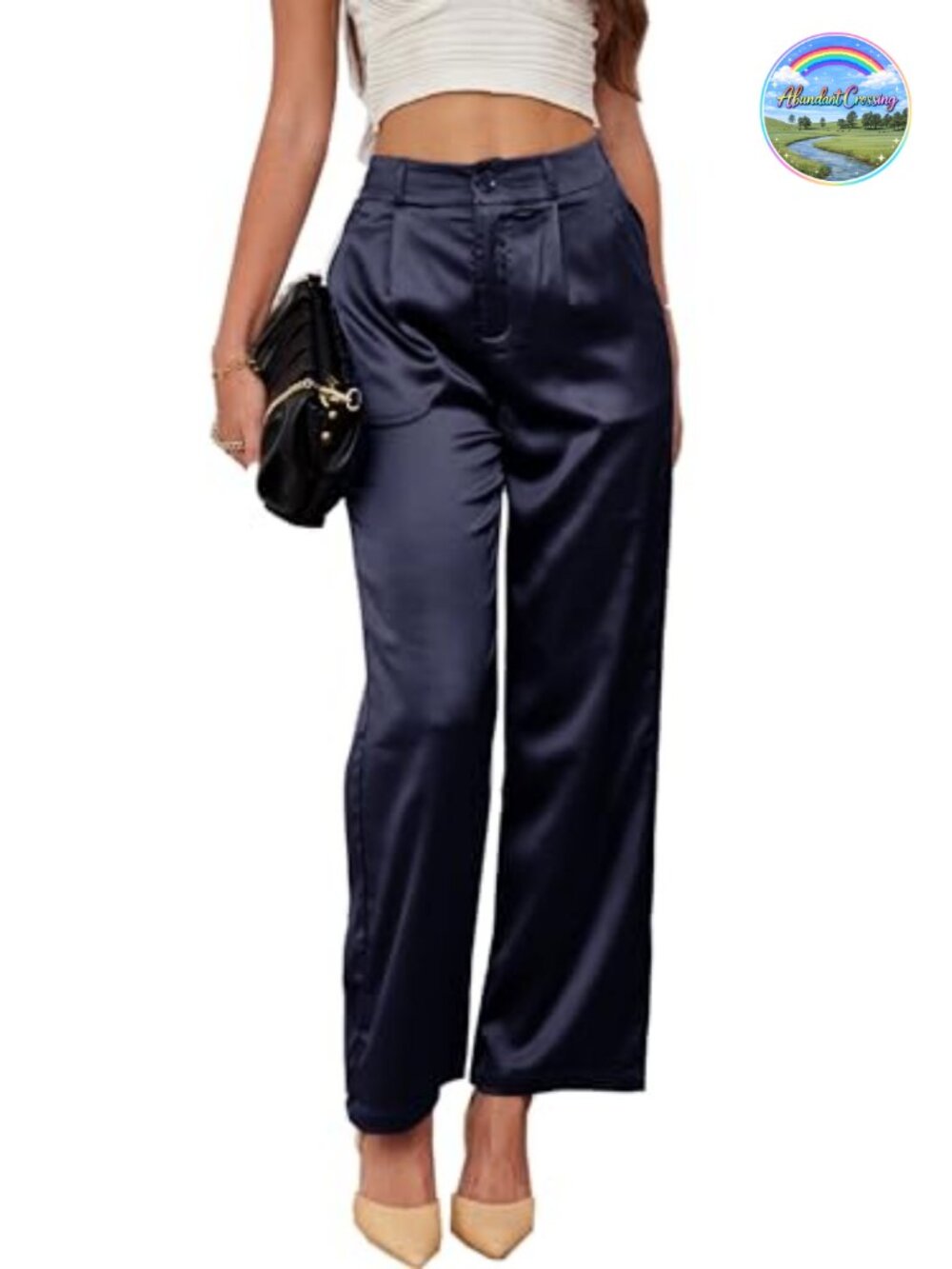 Wide Leg Satin Pants High Rise Pleated Trousers with Pockets